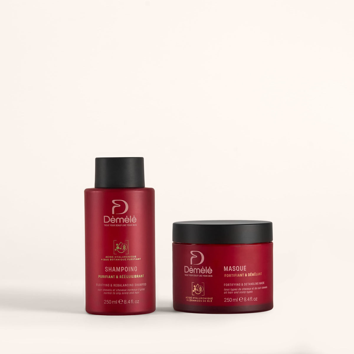 Routine purifiante rééquilibrante Démélé en sachets beige pour une peau équilibrée et rafraîchie, vue des emballages.