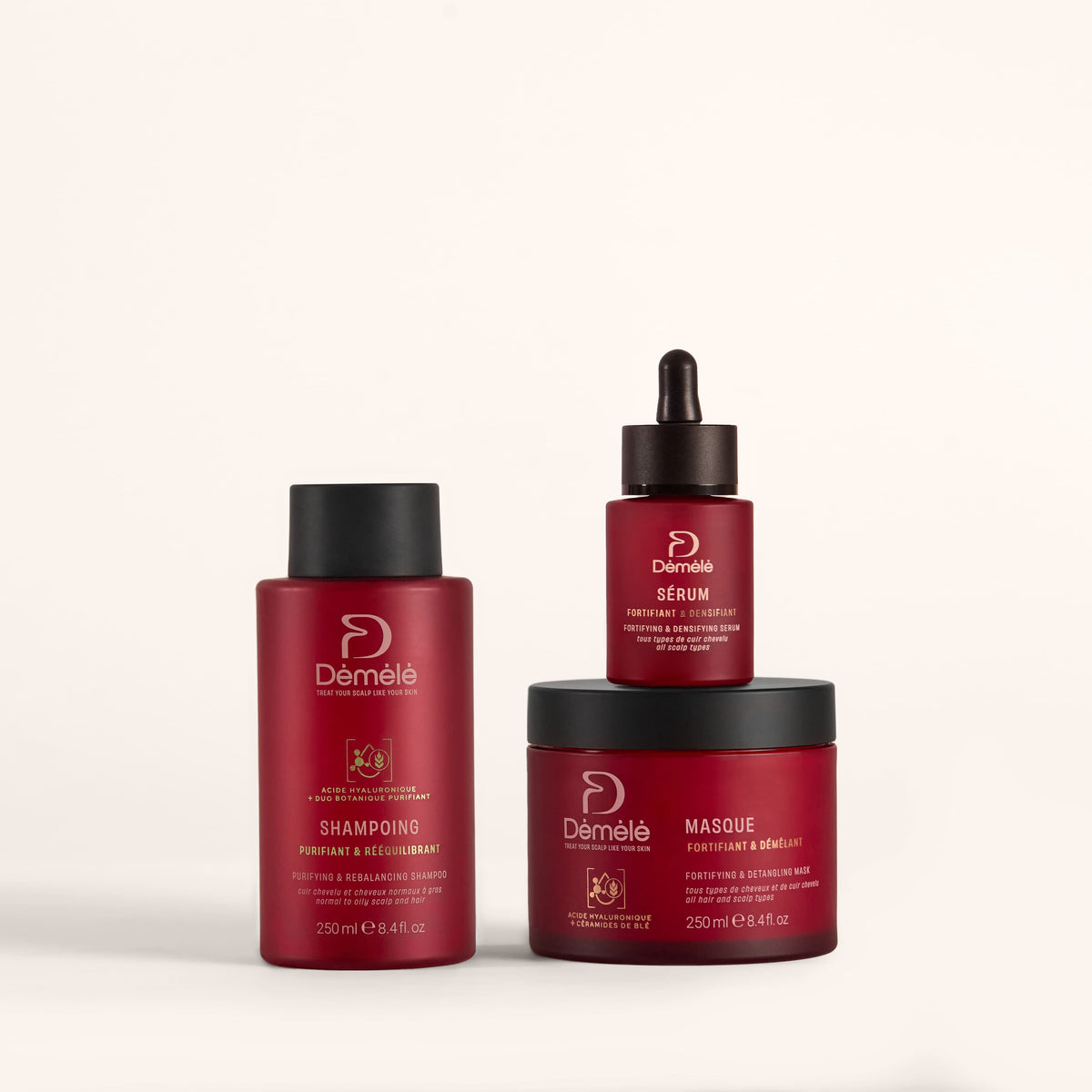 Flacon de serum Démélé Routine Densité Purifiante en beige, pour l'équilibre et la purification de la peau.