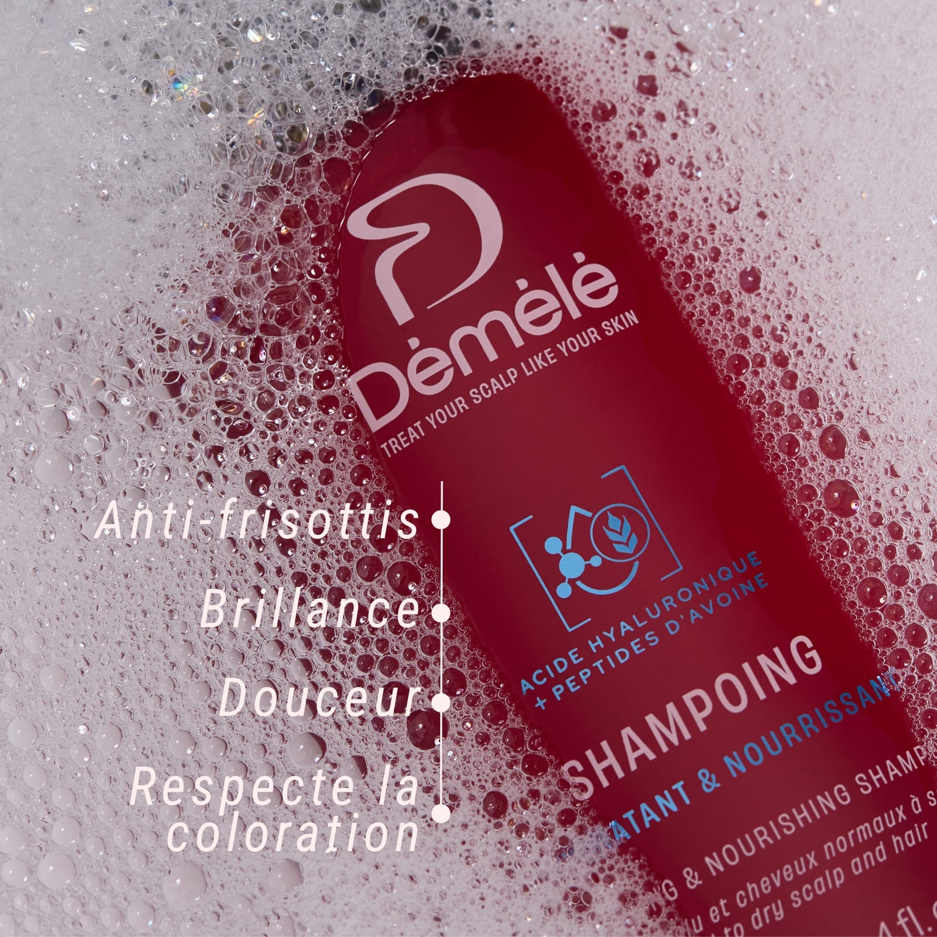 Shampoing hydratant et nourrissant Démêlé dans une mousse douce, apporte brillance, douceur et respect de la coloration