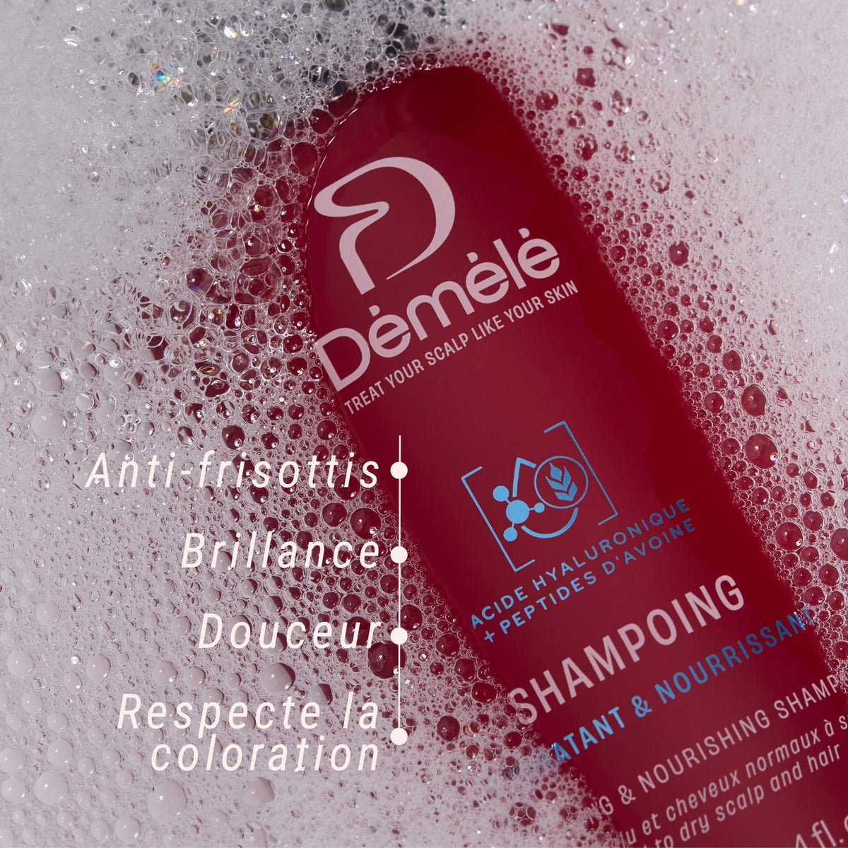 Shampoing hydratant et nourrissant Démêlé dans une mousse douce, apporte brillance, douceur et respect de la coloration